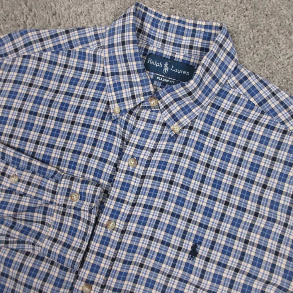 Ralph Lauren Shirt Mens Large Blue Plaid Classic Fit Twill Flannel Button Up‎